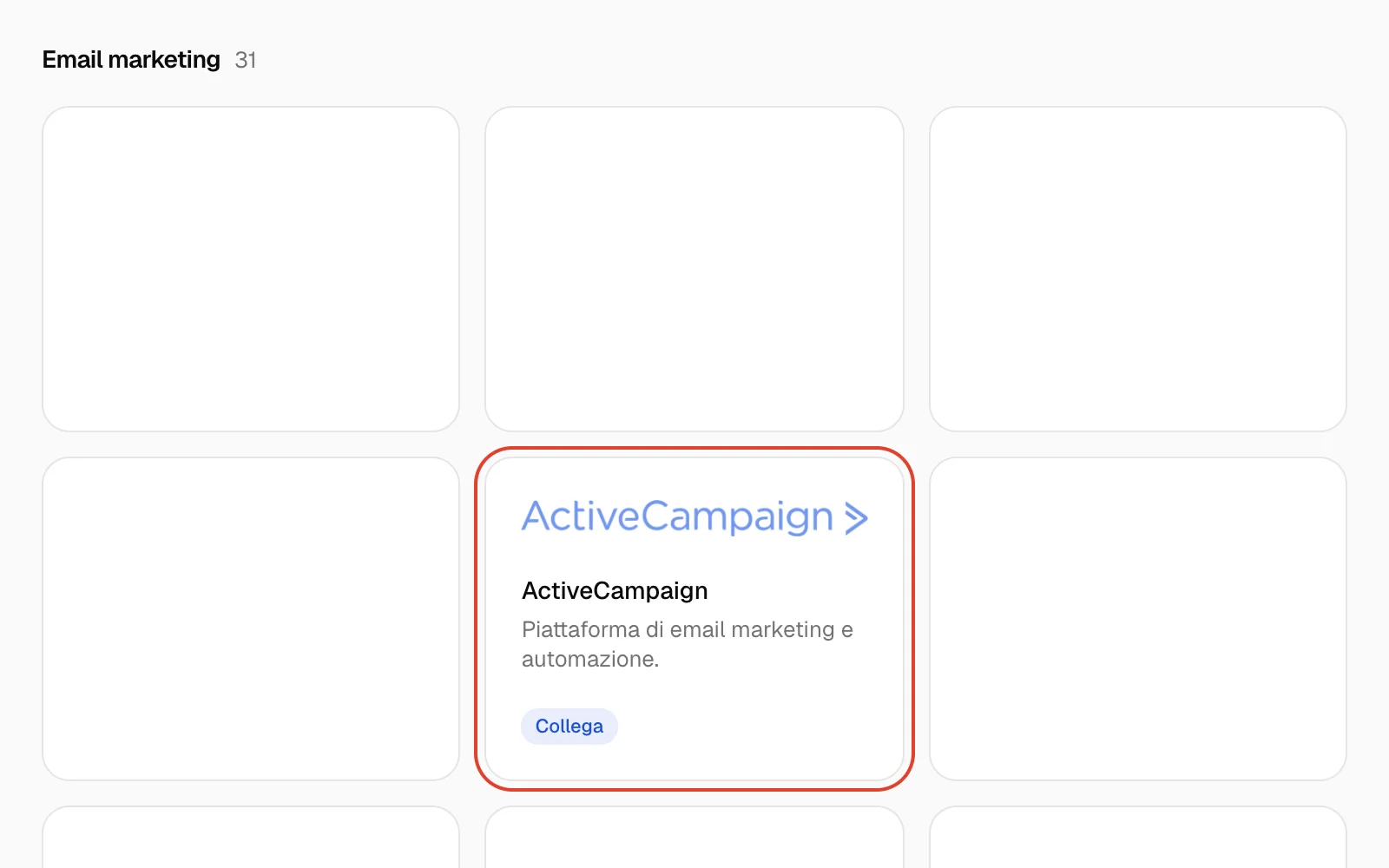 Pagina Integrazioni di Qualisend con il riquadro di ActiveCampaign evidenziato sotto Email marketing