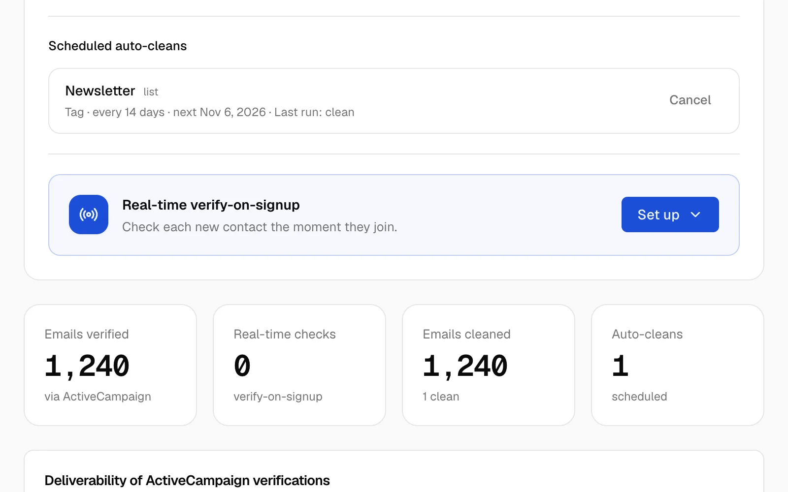 Scheduled auto-cleans in Qualisend: the Newsletter list cleaned every 14 days, with the next date and a Cancel button