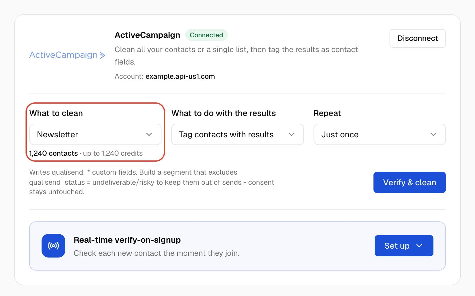 Qualisend ActiveCampaign page, connected, with the Newsletter list chosen: 1,240 contacts, up to 1,240 credits