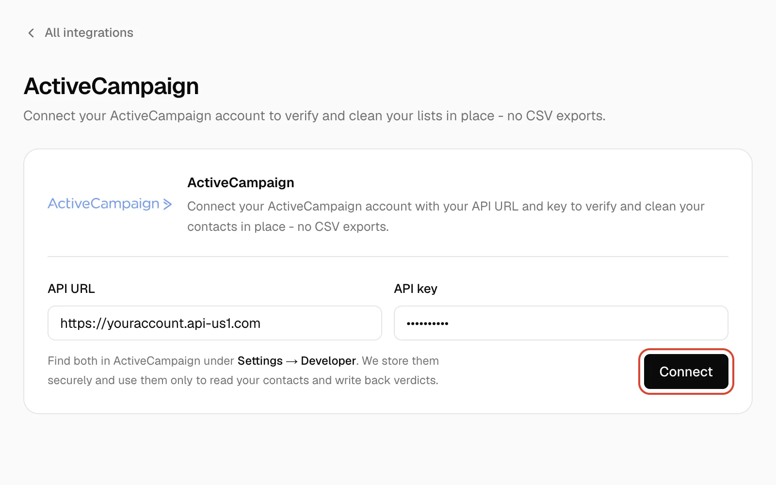 ActiveCampaign connect form in Qualisend with the API URL and API key filled in