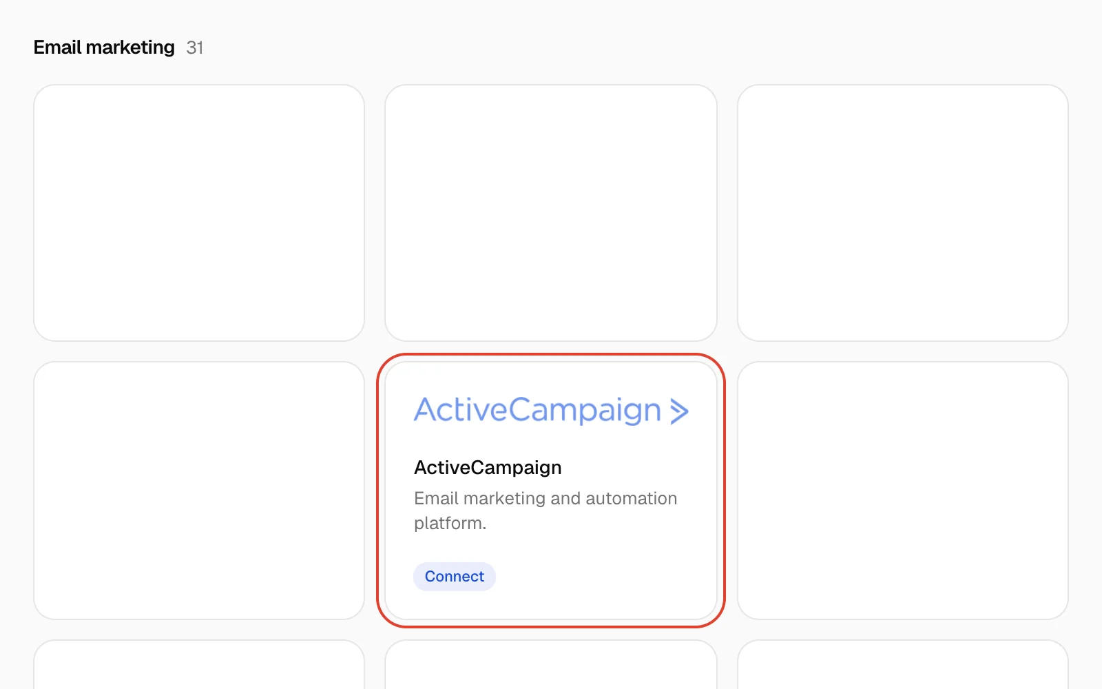 Qualisend Integrations page with the ActiveCampaign tile highlighted under Email marketing