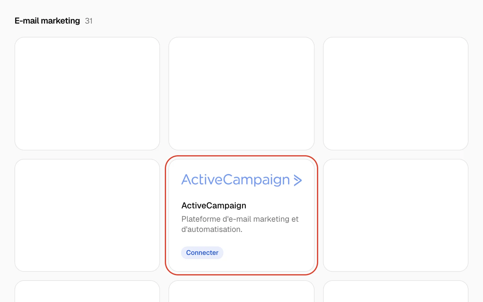 Page Intégrations de Qualisend, avec la tuile ActiveCampaign mise en évidence dans la catégorie E-mail marketing